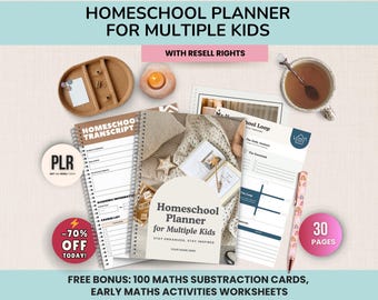 Homeschool Planner for Multiple Kids, Printable Homeschool Planner Bundle, Transcript Checklist Editable Canva, Math Worksheets, PLR