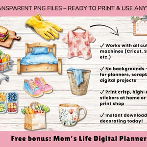 May include: Watercolor illustrations of various items, including a bed, shoes, a shopping cart, and a shirt. The image also includes text that reads "TRANSPARENT PNG FILES - READY TO PRINT & USE ANYWHERE".