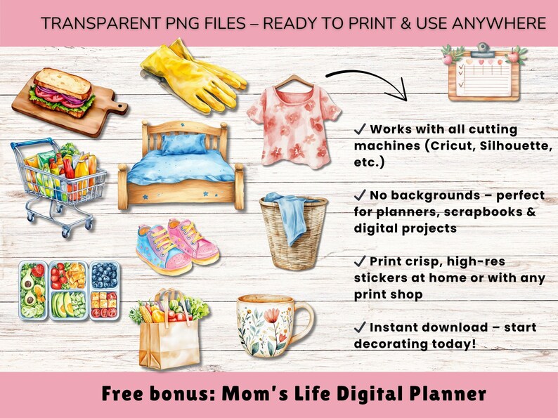May include: Watercolor illustrations of various items, including a bed, shoes, a shopping cart, and a shirt. The image also includes text that reads "TRANSPARENT PNG FILES - READY TO PRINT & USE ANYWHERE".