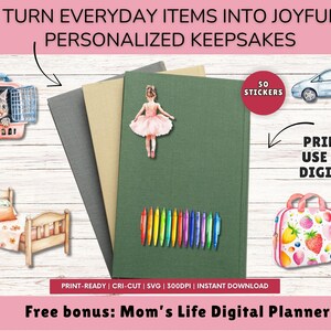 May include: Image features a green journal with a ballerina sticker, colorful pens, and illustrations of a kitten, bed, car, and bag. Text reads "TURN EVERYDAY ITEMS INTO JOYFUL, PERSONALIZED KEEPSAKES" and "PRINT OR USE THEM DIGITALLY". Includes "50 STICKERS".