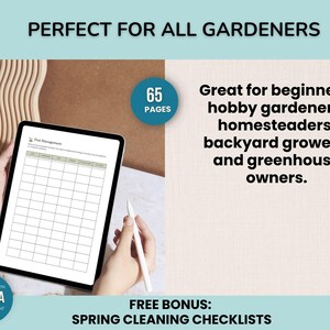 May include: A digital tablet displaying a pest management chart, held by a person. The image includes text: "Perfect for all gardeners," "65 pages," and "Free bonus: Spring cleaning checklists." A stylus is also visible.