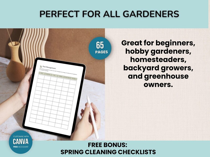 May include: A digital tablet displaying a pest management chart, held by a person. The image includes text: "Perfect for all gardeners," "65 pages," and "Free bonus: Spring cleaning checklists." A stylus is also visible.