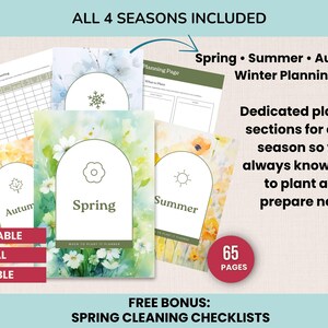 May include: A collection of printable, digital, and editable seasonal planning pages. The design includes Spring, Summer, Autumn, and Winter themes. The image includes text that says "All 4 Seasons Included" and "65 Pages".