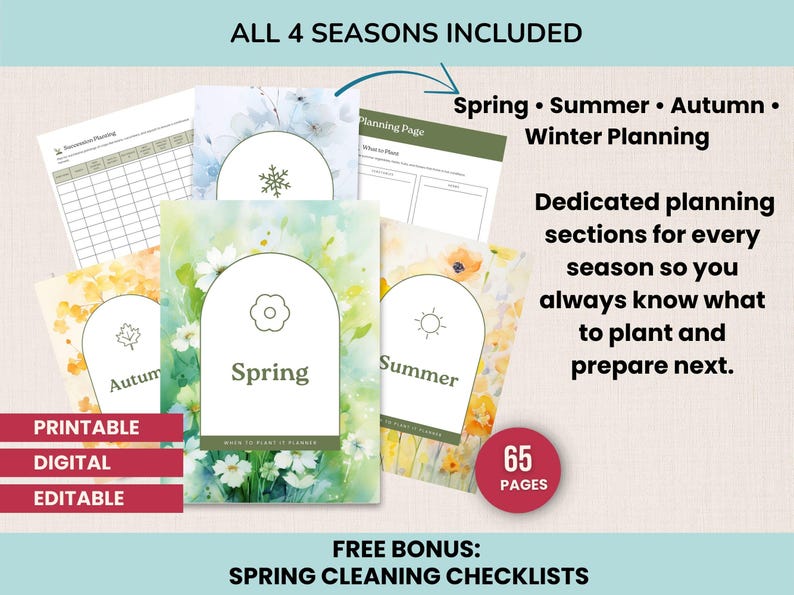 May include: A collection of printable, digital, and editable seasonal planning pages. The design includes Spring, Summer, Autumn, and Winter themes. The image includes text that says "All 4 Seasons Included" and "65 Pages".
