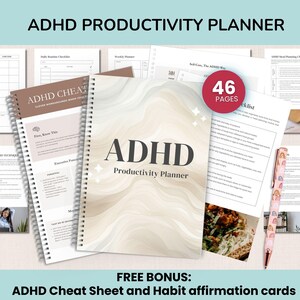 May include: An ADHD Productivity Planner with a soft beige cover, spiral-bound notebook, and several loose-leaf pages. The cover reads "ADHD Productivity Planner" in a bold font. The image also includes a pen and the text "46 PAGES".