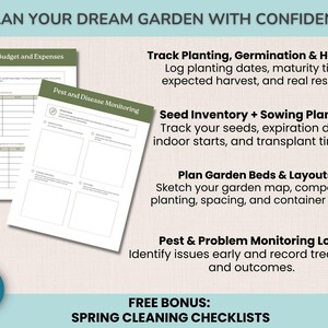 May include: A gardening planner with the text "Plan Your Dream Garden With Confidence." The planner includes sections for garden budgets, pest monitoring, seed inventory, and garden layouts. It has 65 pages and includes a free bonus of spring cleaning checklists.