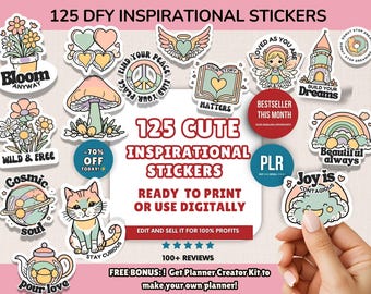 125 Cute Inspirational Stickers Bundle, Editable Canva Templates with PLR Rights, Printable PNG SVG Motivational Quote Pack