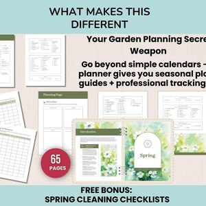 May include: A garden planning planner with the text "What Makes This Different" and "Your Garden Planning Secret Weapon". The planner includes seasonal planting guides and tracking tools. The image also shows a "Spring" page and "65 Pages".