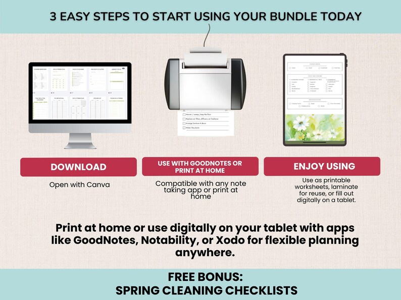 May include: An infographic with the text "3 EASY STEPS TO START USING YOUR BUNDLE TODAY." It shows a computer monitor, a printer, and a tablet. The steps are download, use with GoodNotes or print at home, and enjoy using. The image also includes the text "FREE BONUS: SPRING CLEANING CHECKLISTS."