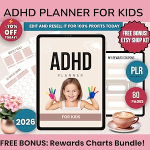 Planificador para niños con TDAH, plantilla imprimible de Canva de 80 páginas, tabla de rutina para TDAH, herramientas de concentración, planificador infantil PLR, editable para reventa.