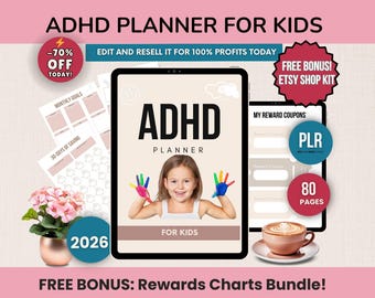 Kids ADHD Planner for Children, 80 Pages Printable Canva Template, ADHD Routine Chart, Focus Tools, Kids Planner PLR,  Editable for Resale