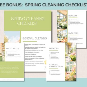 May include: A spring cleaning checklist with a light green and white design. The checklist includes sections for general cleaning, miscellaneous tasks, outdoor areas, garage and storage areas, bedroom, and living area. The text "FREE BONUS: SPRING CLEANING CHECKLISTS" is at the top.
