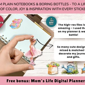 May include: An open brown notebook with a hand holding a sticker of a little girl in a pink dress. The image includes text that says "50 stickers" and "-70% OFF TODAY". Additional text promotes the use of stickers for journals and gifts.