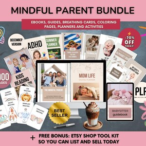 May include: A collection of digital resources for parents, including ebooks, guides, and planners. The image shows various book covers with titles such as "ADHD Planner" and "Mom Life," alongside breathing cards and a tablet. The text reads "Mindful Parent Bundle."
