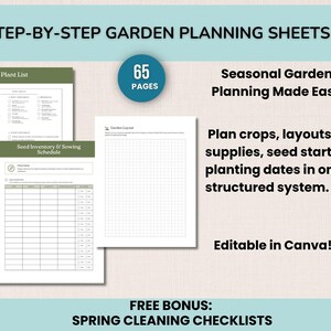 May include: A digital garden planning guide with the text "STEP-BY-STEP GARDEN PLANNING SHEETS." The guide includes lists, schedules, and a garden layout. It has 65 pages and is editable in Canva. Includes a free bonus of spring cleaning checklists.