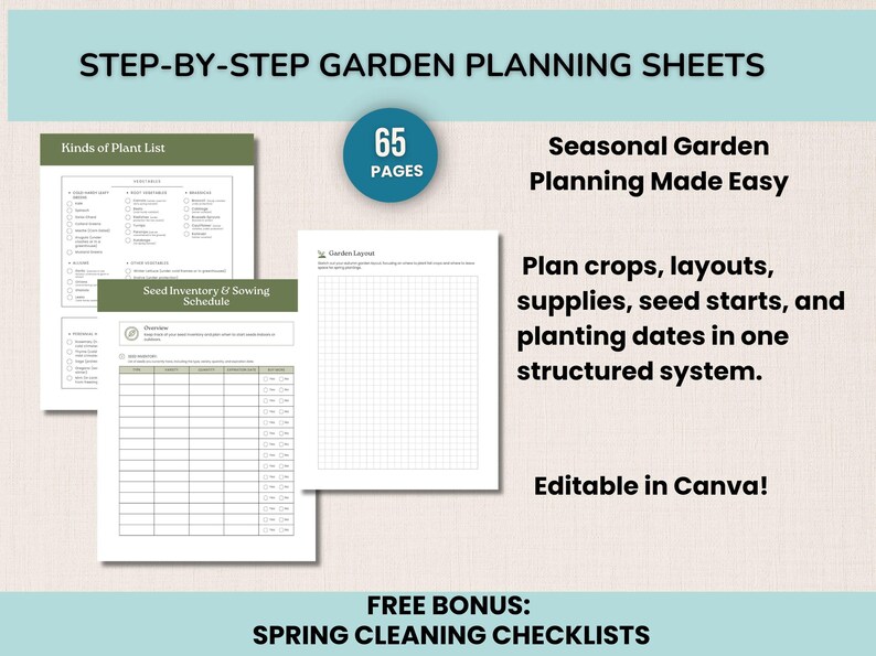 May include: A digital garden planning guide with the text "STEP-BY-STEP GARDEN PLANNING SHEETS." The guide includes lists, schedules, and a garden layout. It has 65 pages and is editable in Canva. Includes a free bonus of spring cleaning checklists.