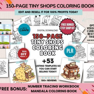 Libro para colorear de 150 páginas de tiendas pequeñas, plantilla editable de Canva, derechos de reventa PLR, paquete de páginas para colorear de tiendas kawaii.