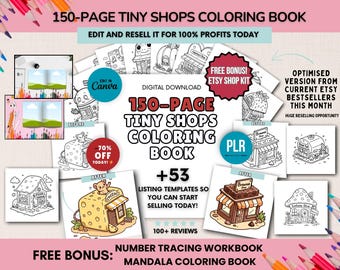 Libro da colorare Tiny Shops da 150 pagine, modello Canva modificabile, diritti di rivendita PLR, pacchetto di pagine da colorare Kawaii Cute Shops
