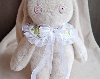 Beige Handmade Baby Bunny Plushie with White Collar and Sewn-On Lemons