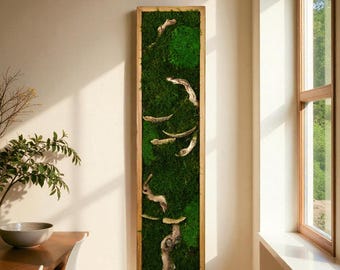 Vertical Moss and Bonsai Wood Wall Art, Natural Botanical Decor, Entryway Accent, Mothers Day gifts