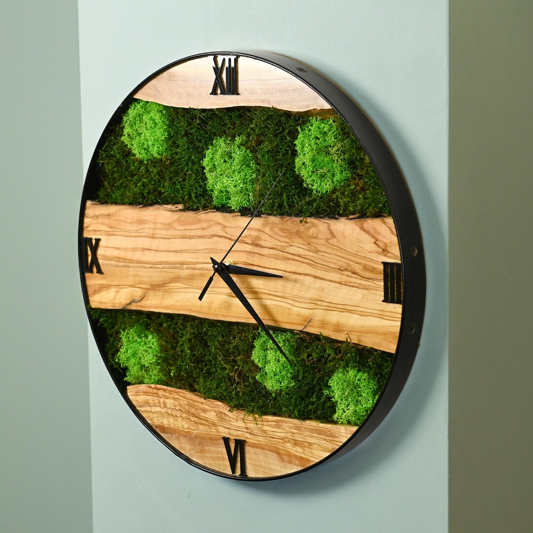 Unique Moss Wall Clock With Metal Frame, Live Edge Olive Wood Decor ...
