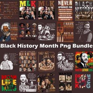 May include: A digital art bundle for Black History Month, featuring portraits, quotes, and the text "Black History Month Png Bundle". The images use a colour scheme of black, white, red, green, and yellow, with various historical figures.