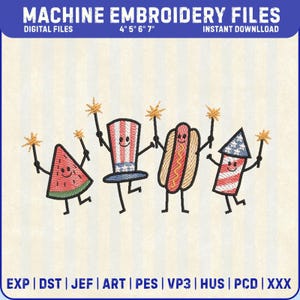 May include: Machine embroidery files featuring a watermelon slice, a top hat, a hot dog, and a firework, each holding a sparkler. The text "MACHINE EMBROIDERY FILES" and "DIGITAL FILES" are at the top. The image includes file formats.