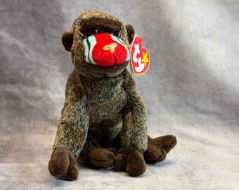 Vintage 1999 Ty Beanie Baby - "Cheeks" the Baboon with Tags, Retired Plush Stuffed Animal Toy, 90s Nostalgia Collectible Teddy