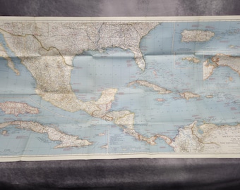 Vintage 1939 National Geographic Map – Mexico, Central America & The West Indies – Large Fold-Out Antique Map