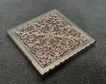 Vintage Square Double Compact Mirror Case / Vanity Compact Mirror with Filigree Lid - Retro Vanity Accessory made in England