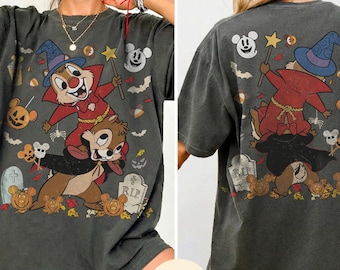 レトロなチップとデールのハロウィンシャツ、コンフォートカラーズのディズニー魔法使いTシャツ、両面プリントの2026年ハロウィンシーズンの家族旅行ギフトファン向けTシャツ