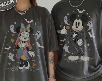 ミッキーとミニー、ジャックとサリーのハロウィンシャツ、ディズニーお揃いカップルTシャツ、ディズニーハロウィンナイトメアー・ビフォア・クリスマス旅行2026ギフト