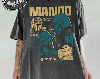 Mandalorian Grogu Shirt, Vintage Star Wars Collage, Mando Baby Yoda Graphic, Retro Comfort Colors Tee