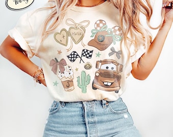 Vintage Coquette Pixar Girly Tee for Park Trips, Disney Cars Shirt, Lightning McQueen Shirt
