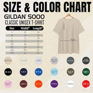Puede incluir: Una tabla de tallas y colores para una camiseta unisex cl&aacute;sica Gildan 5000. La tabla muestra las medidas en pulgadas para las tallas S a 5XL, junto con una paleta de colores que incluye arena, negro, azul marino y rojo.