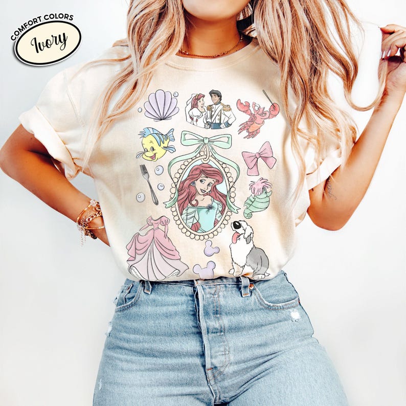 Retro Disney Little Mermaid Shirt, Comfort Colors Ariel Princess Vintage Coquette Disney Family Trip Shirt Ivory | Natural