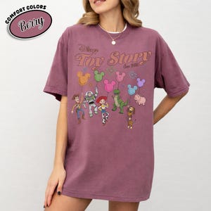 K&ouml;nnte beinhalten: Beerenfarbenes T-Shirt mit dem Disney Toy Story-Logo und -Charakteren. Die Grafik zeigt Woody, Buzz Lightyear, Jessie, Rex, Hamm, Slinky Dog und Ballons. Das Shirt hat die Worte "Comfort Colors" und "Berry" in einem Kreis.