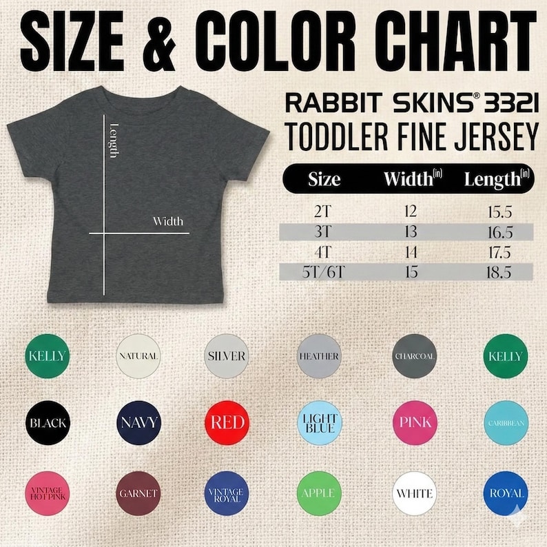 Puede incluir: Tabla de tallas y colores para una camiseta de punto fino para ni&ntilde;os peque&ntilde;os. La tabla muestra las medidas en pulgadas para las tallas 2T a 5T/6T. Las opciones de color incluyen Kelly, Natural, Plata, Heather, Carb&oacute;n, Negro, Marino, Rojo, Azul claro, Rosa y m&aacute;s.