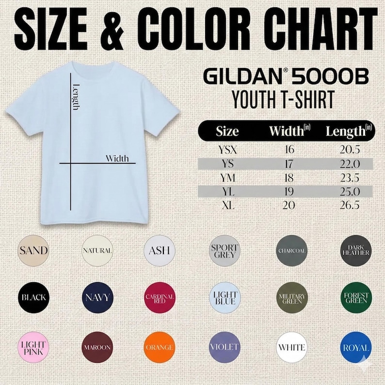 Puede incluir: Una camiseta juvenil Gildan 5000B azul claro con una tabla de tallas y colores. La tabla muestra medidas en pulgadas para las tallas YSX a XL, junto con una selecci&oacute;n de colores disponibles, incluyendo negro, marino y blanco.