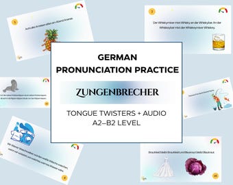 May include: A German language learning set featuring a central card titled GERMAN PRONUNCIATION PRACTICE ZUNGENBRECHER TONGUE TWISTERS + AUDIO A2-B2 LEVEL, surrounded by six smaller cards with illustrations of a pineapple, seal, fisherman, washing machine, dress, and cabbage.