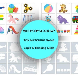 May include: A children's toy matching game with colorful illustrations of various toys, including a helicopter, blocks, a spinner, a ball, a giraffe, and a puzzle. The game is designed to develop logic and thinking skills.