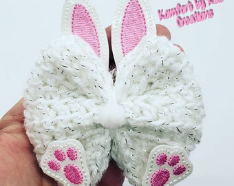 Bunny Bow - Easter Bow - Crochet Bunny Bow - Crochet Hairbow - Hairbow - Headband - Nylon Headband - Baby Headband - Baby Accessories