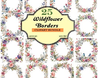 25 Wildflower Border Designs  Instant Download Frames for Wedding Invitations, Scrapbooking & DIY Projects