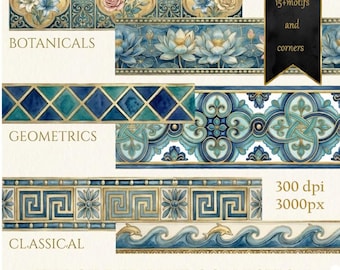 Gilded Blue Floral Clipart | Gold Azure Borders, Frames (Digital Download)