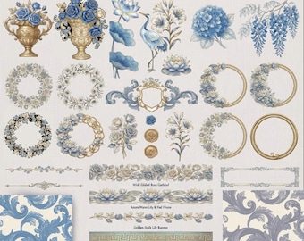 Blue & Gold Floral Clipart - 100 PNGs - Vintage Flowers, Frames - Borders ,Scrapbooking, Procreate, Cardmaking | Digital Download