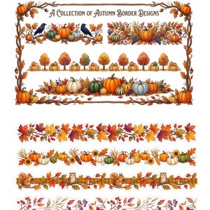 May include: A collection of autumn border designs featuring illustrations of pumpkins, fall leaves, acorns, crows, owls, squirrels, and corn. The graphic elements include horizontal strips of seasonal foliage, gourds, and woodland animals in warm colors.
