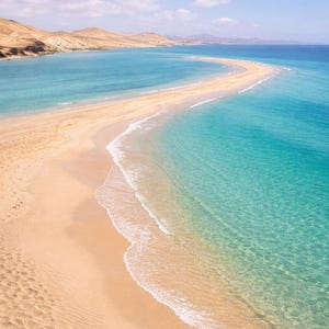 Può includere: Vista aerea di un banco di sabbia che si estende nell'oceano turchese. Il banco di sabbia è circondato da acqua limpida e poco profonda, con onde che lambiscono dolcemente la riva. Il cielo è blu con alcune nuvole e colline distanti sono visibili.