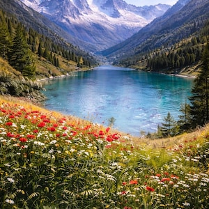 Vista alpina de Wall World | Panorama del lago turquesa de montaña | Impresión digital | Vista previa del fondo de pantalla | Efecto de gran formato | Diseño simo_lightful