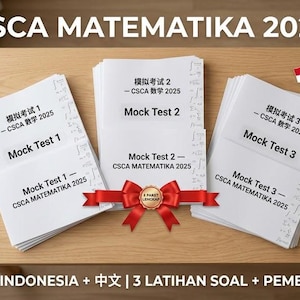 May include: Three stacks of white paper mock tests labeled "Mock Test 1", "Mock Test 2", and "Mock Test 3" with the text "CSCA MATEMATIKA 2025". A red ribbon and small flags are also present. The tests are on a wooden surface.