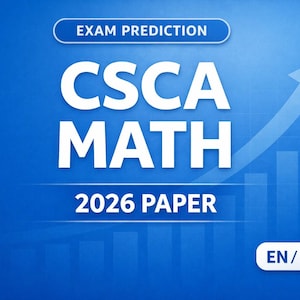 May include: A blue graphic with the text "EXAM PREDICTION" at the top. The words "CSCA MATH 2026 PAPER" are in large white letters. An upward-pointing arrow and bar graph are also present. The bottom right corner has the text "EN/ZH".